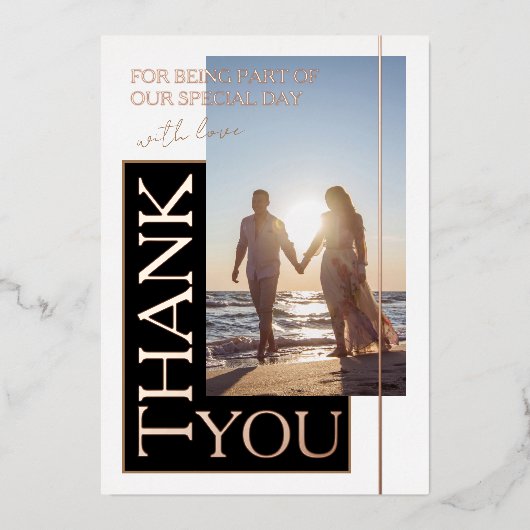 Schwarz-weißes Foto Hochzeit Danke Rose Folieneinladung (Vorderseite)