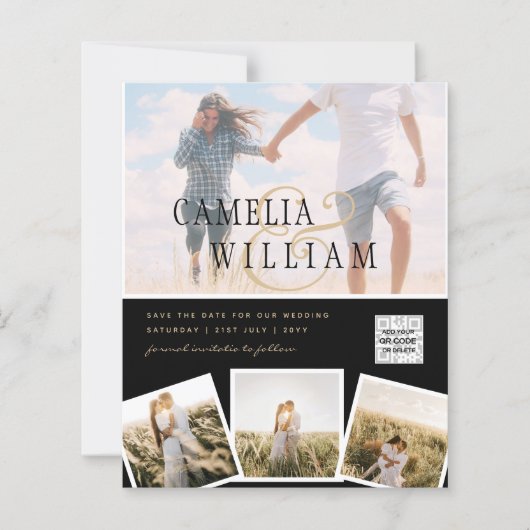 Schwarz-weißes FOTO Hochzeit Einladung QR CODE Ret (Vorderseite)