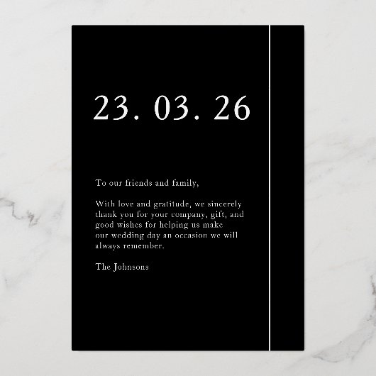 Schwarz-weißes Foto Hochzeit Liebe und Dankbarkeit Folieneinladung (Rückseite)
