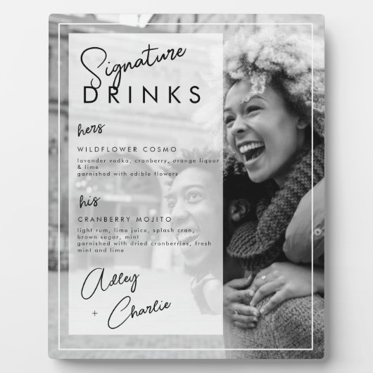 Schwarz-weißes Foto Hochzeitscouch Signature Drink Fotoplatte (Vorderseite)