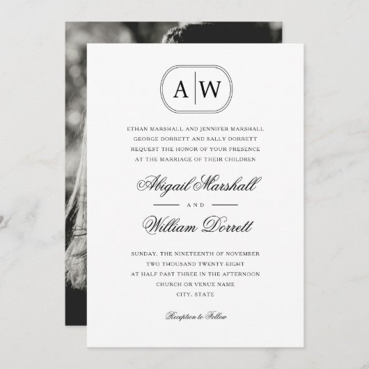 Schwarz-weißes Foto Monogram Wedding Einladung (Vorne/Hinten)