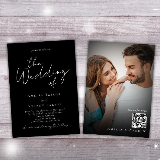 Schwarz-weißes Foto QR Code Hochzeit Einladung
