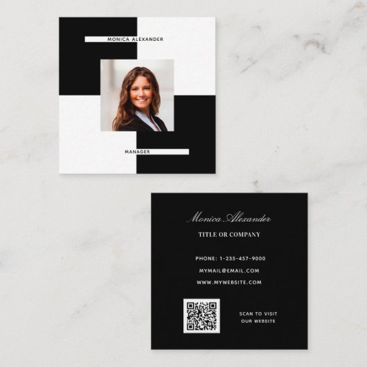 Schwarz-weißes Foto QR-Code modern Quadratische Visitenkarte (Vorne/Hinten)