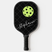 Schwarz-weißes gelbes, elegantes Skript personanis Pickleball Schläger (Vorderseite)