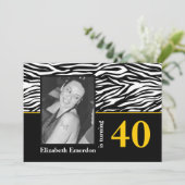 Schwarz-weißes gelbes Zebra-Print, 40. Foto Einladung (Stehend Vorderseite)