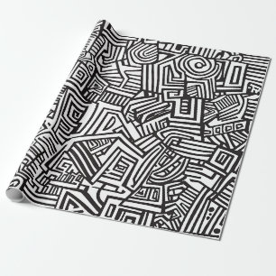 Schwarz-weißes geometrisches Labyrinth Abstract Li Geschenkpapier