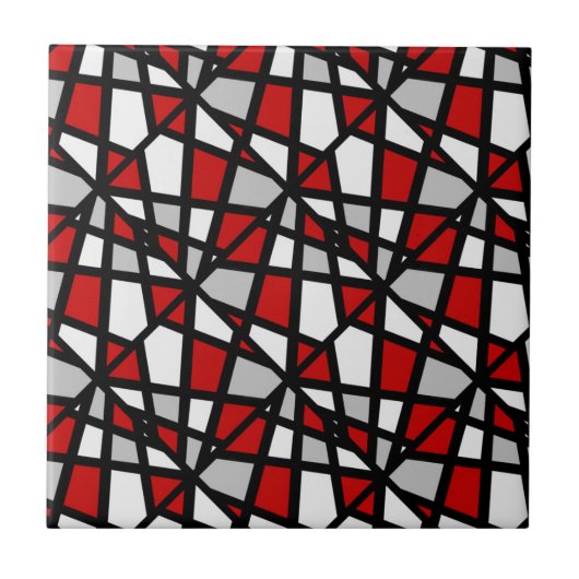 Schwarz-weißes geometrisches Muster in Red Gray Fliese (Vorderseite)