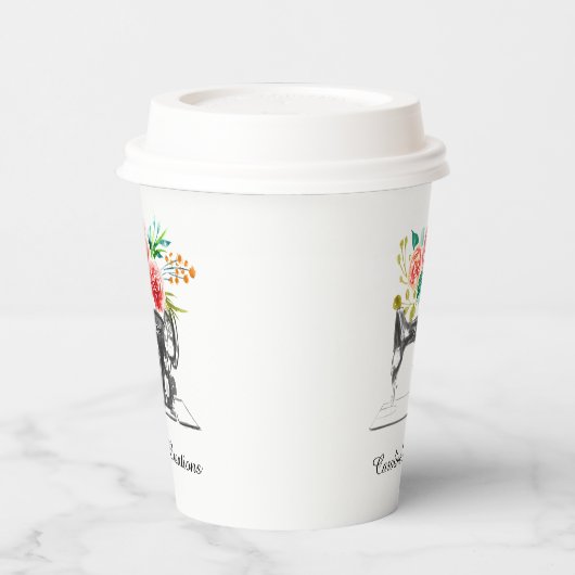 Schwarz-weißes Geschäft mit Nähmaschinen Pappbecher (Links)