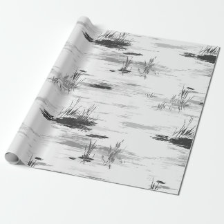 Schwarz-weißes gespenstisches Teich-Frühlings-Gesc Geschenkpapier