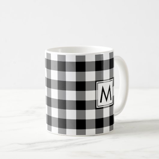Schwarz-weißes Gingham-Kariertes Muster mit Monogr Kaffeetasse (VorderseiteRechts)
