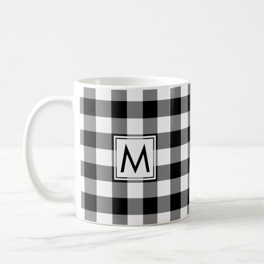 Schwarz-weißes Gingham-Kariertes Muster mit Monogr Kaffeetasse (Links)