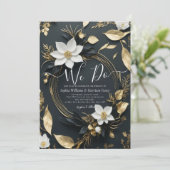 Schwarz-weißes Gold Blumenkranz, das wir Hochzeite Einladung (Stehend Vorderseite)