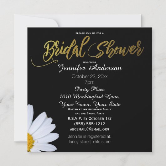 Schwarz-weißes Gold Daisy Theme Brautparty Einladung (Vorderseite)
