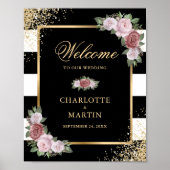 Schwarz-weißes Gold Floral Hochzeitszeichen Poster (Vorne)