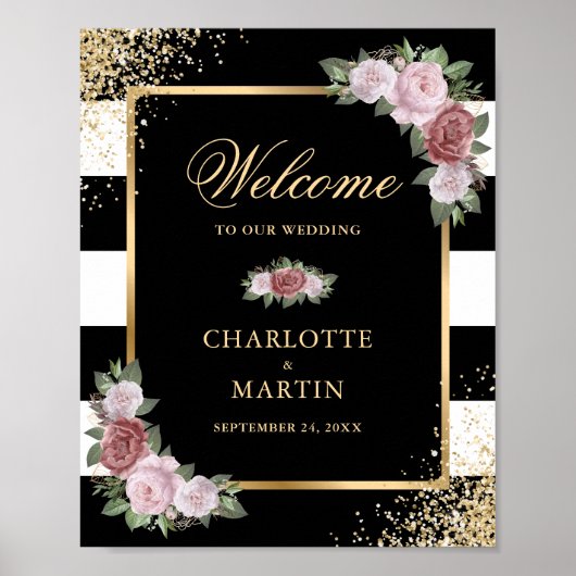 Schwarz-weißes Gold Floral Hochzeitszeichen Poster (Vorne)