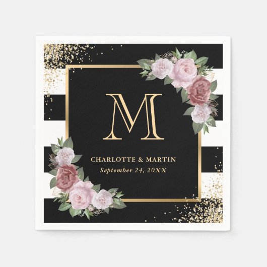 Schwarz-weißes Gold Floral Monogram Wedding Napkin Serviette (Vorderseite)