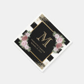Schwarz-weißes Gold Floral Monogram Wedding Napkin Serviette (Ecke)