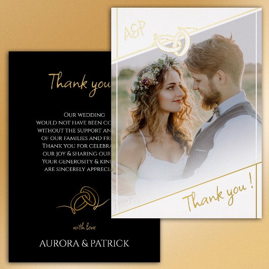 Schwarz-weißes Gold Foil Wedding Foto Danke Karte