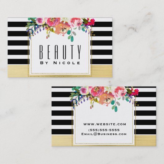 Schwarz-weißes Gold Modernes Blumenglam Eleganter Visitenkarte (Vorne/Hinten)