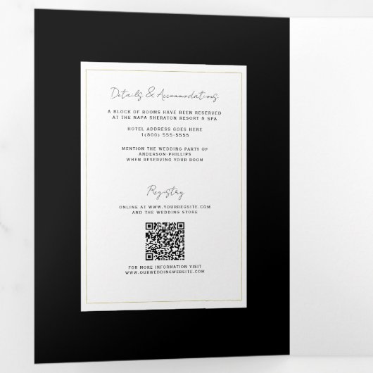 Schwarz-weißes Gold Modernes Highlights Dreifach Gefaltete Einladung (Innen Erste Seite)