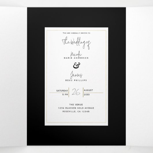 Schwarz-weißes Gold Modernes Highlights Dreifach Gefaltete Einladung (Innenseite Mitte)