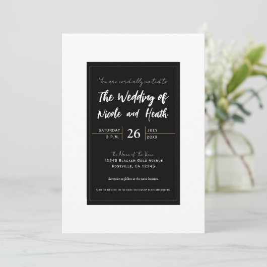 Schwarz-weißes Gold Modernes Highlights Einladung (Stehend Vorderseite)