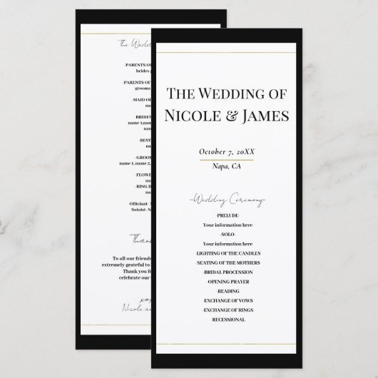 Schwarz-weißes Gold Modernes Minimal-Hochzeitsprog Programm (Vorne/Hinten)