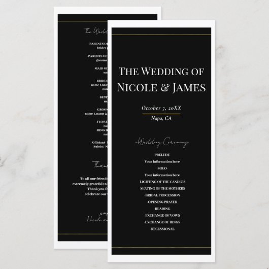 Schwarz-weißes Gold Modernes Minimal-Hochzeitsprog Programm (Vorne/Hinten)