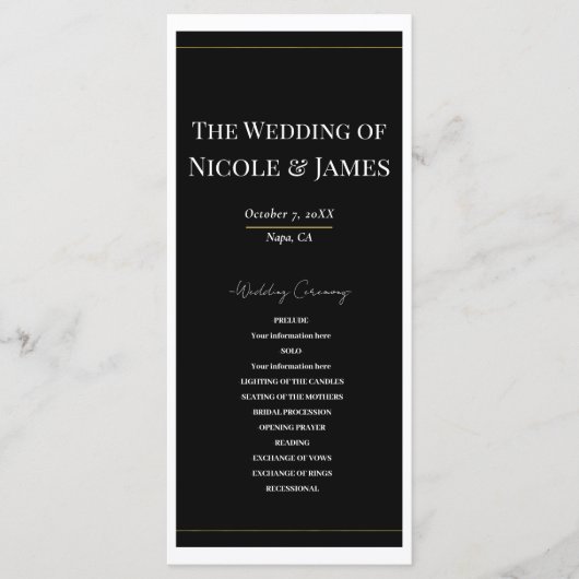 Schwarz-weißes Gold Modernes Minimal-Hochzeitsprog Programm (Vorderseite)