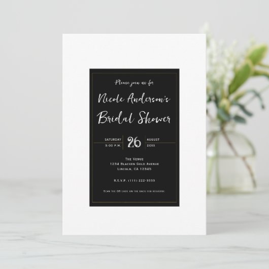 Schwarz-weißes Gold Modernes Minimales Brautparty Einladung (Stehend Vorderseite)