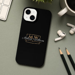 Schwarz-weißes Gold Monogramm Name-Skript iPhone 14 Hülle