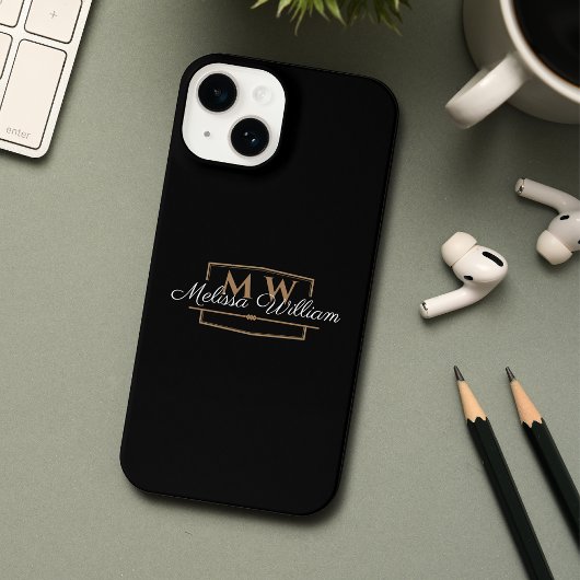 Schwarz-weißes Gold Monogramm Name-Skript iPhone Hülle