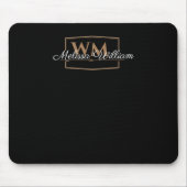 Schwarz-weißes Gold Monogramm Name-Skript Mousepad (Vorne)