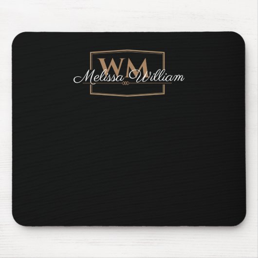 Schwarz-weißes Gold Monogramm Name-Skript Mousepad (Vorne)