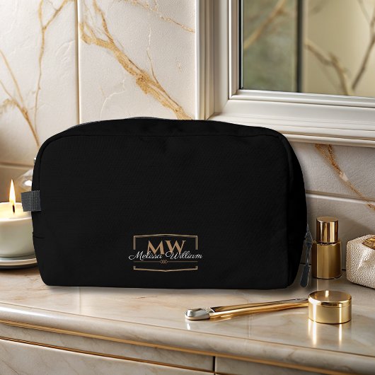 Schwarz-weißes Gold Monogramm Name-Skript Waschbeutel