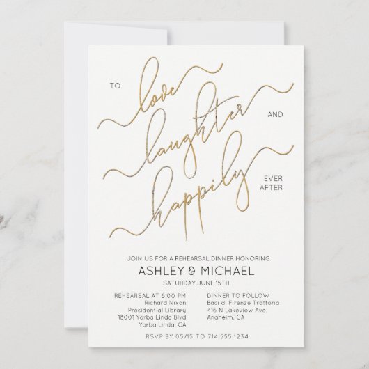 Schwarz-weißes Gold Script Foto Probe Dinner Einladung (Vorderseite)