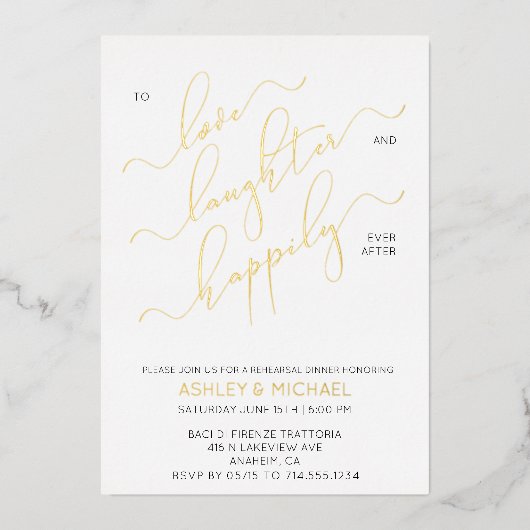 Schwarz-weißes Gold Script Probe Dinner Folieneinladung (Vorderseite)