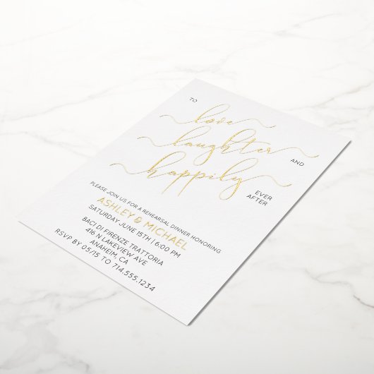 Schwarz-weißes Gold Script Probe Dinner Folieneinladung (Gedreht)