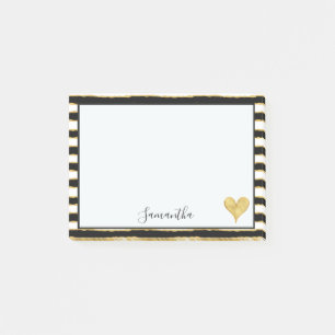 Schwarz-weißes Gold Stripes Herz Post-it Klebezettel