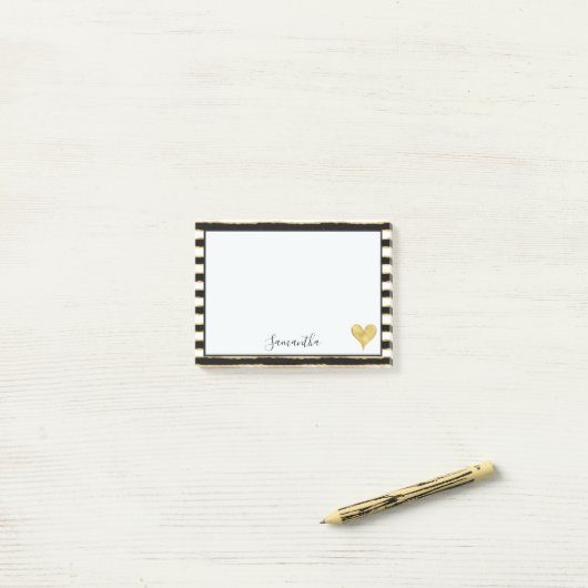Schwarz-weißes Gold Stripes Herz Post-it Klebezettel (Auf Schreibtisch)