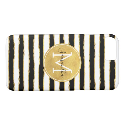 Schwarz-weißes Gold Stripes Monogramm Case-Mate iPhone Hülle (Rückseite (Horizontal))