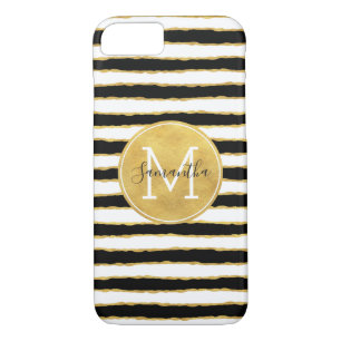 Schwarz-weißes Gold Stripes Monogramm iPhone 8/7 Hülle