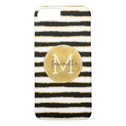 Schwarz-weißes Gold Stripes Monogramm Case-Mate iPhone Hülle (Rückseite)