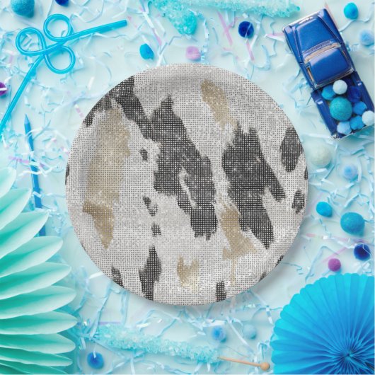 Schwarz-weißes Goldkühe-Tier-Print Sparkon Geburts Pappteller (Party)