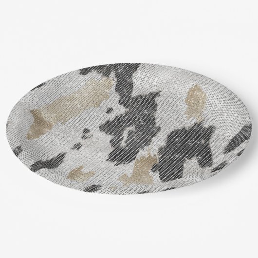 Schwarz-weißes Goldkühe-Tier-Print Sparkon Geburts Pappteller (Schrägansicht)