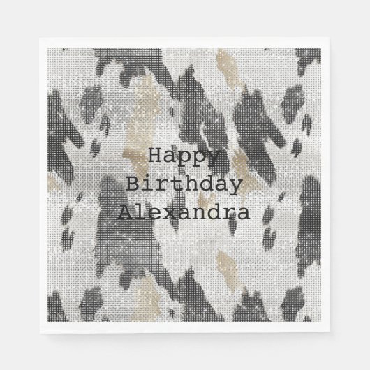 Schwarz-weißes Goldkühe-Tier-Print Sparkon Geburts Serviette (Vorderseite)