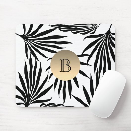 Schwarz-weißes Goldmonogramm , tropischer Palmbaum Mousepad (Mit Mouse)