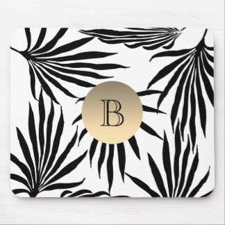 Schwarz-weißes Goldmonogramm , tropischer Palmbaum Mousepad