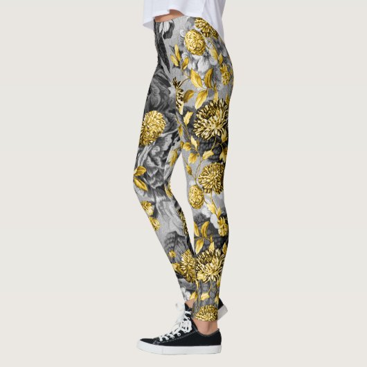 Schwarz-weißes Grau tont Gold BlumenToile Leggings (Links)