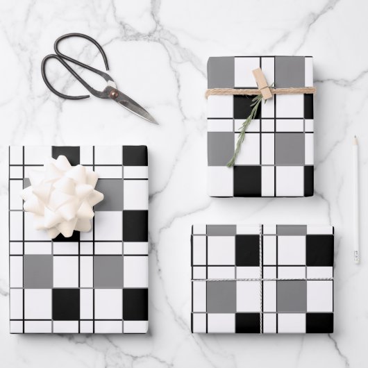 Schwarz-weißes graues Kariertes Tartan Prüfmuster Geschenkpapier Set (Vorderseite)